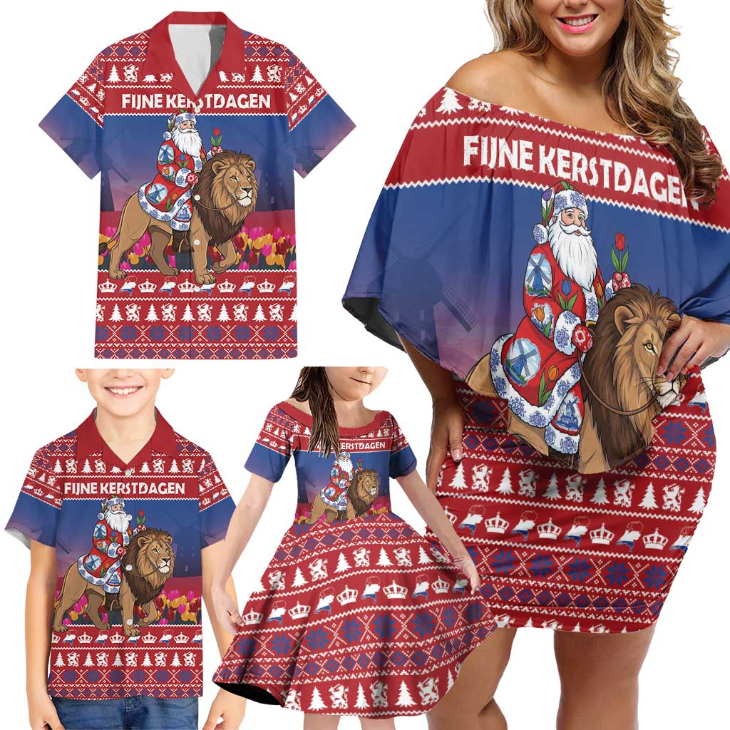 Netherlands Christmas Personalized Family Matching Off Shoulder Short Dress and Hawaiian Shirt Santa Riding Lion Fijne Kerstdagen - Wonder Print Shop