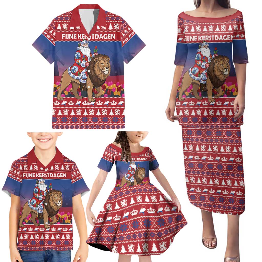 Netherlands Christmas Personalized Family Matching Puletasi and Hawaiian Shirt Santa Riding Lion Fijne Kerstdagen - Wonder Print Shop