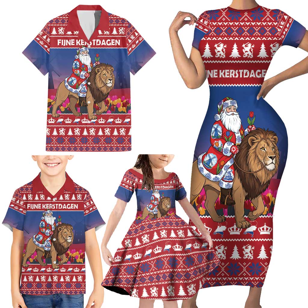 Netherlands Christmas Personalized Family Matching Short Sleeve Bodycon Dress and Hawaiian Shirt Santa Riding Lion Fijne Kerstdagen - Wonder Print Shop