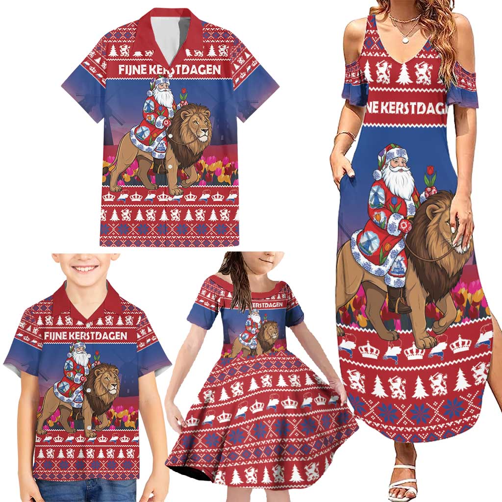 Netherlands Christmas Personalized Family Matching Summer Maxi Dress and Hawaiian Shirt Santa Riding Lion Fijne Kerstdagen - Wonder Print Shop