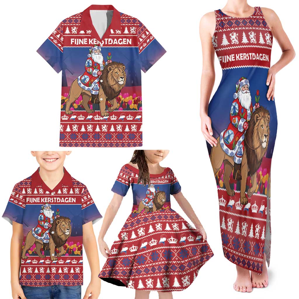 Netherlands Christmas Personalized Family Matching Tank Maxi Dress and Hawaiian Shirt Santa Riding Lion Fijne Kerstdagen - Wonder Print Shop