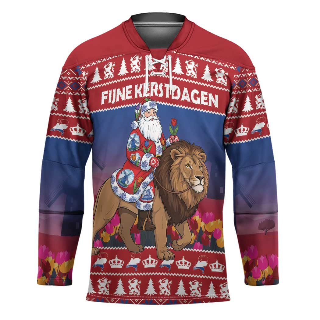 Netherlands Christmas Personalized Hockey Jersey Santa Riding Lion Fijne Kerstdagen - Wonder Print Shop