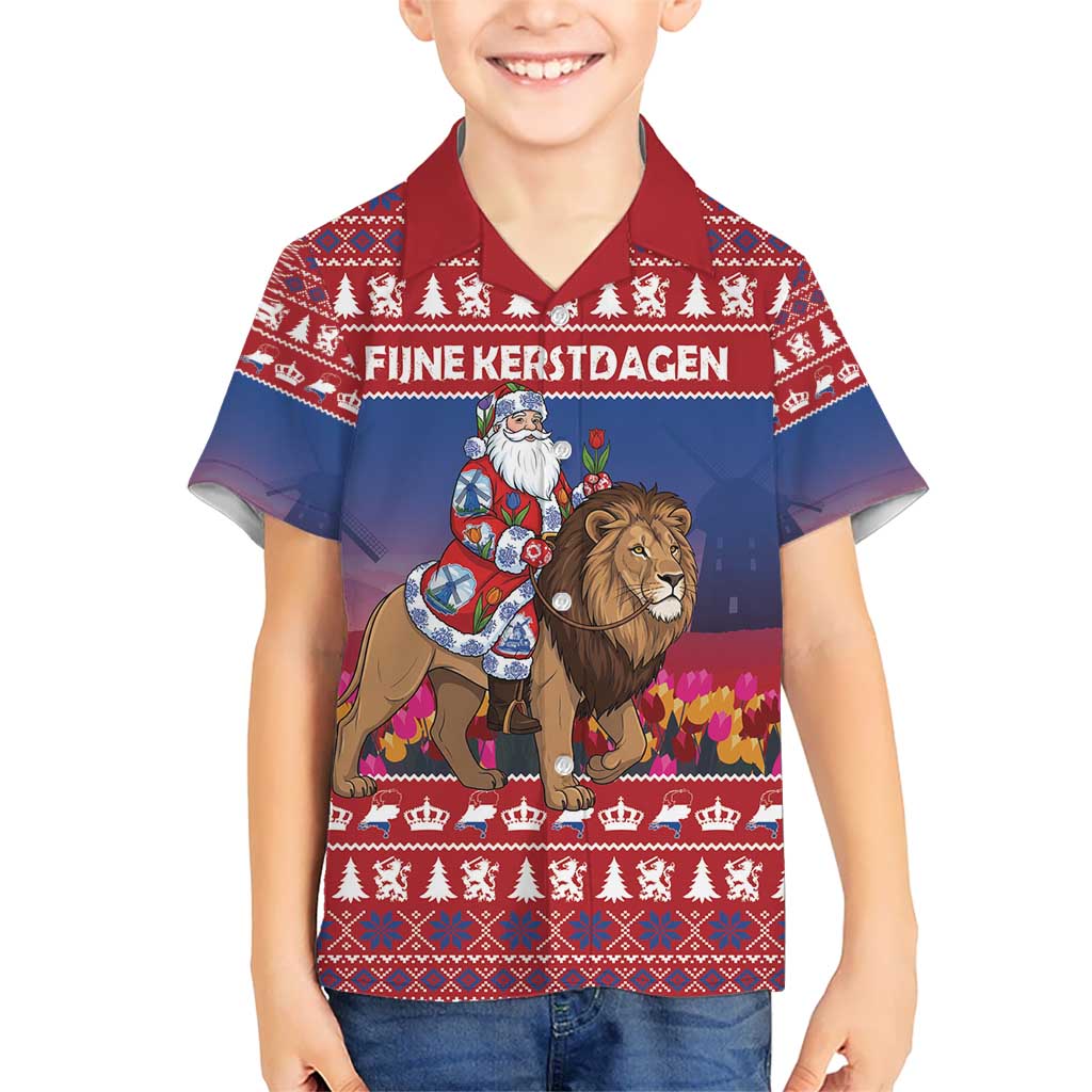 Netherlands Christmas Personalized Kid Hawaiian Shirt Santa Riding Lion Fijne Kerstdagen - Wonder Print Shop