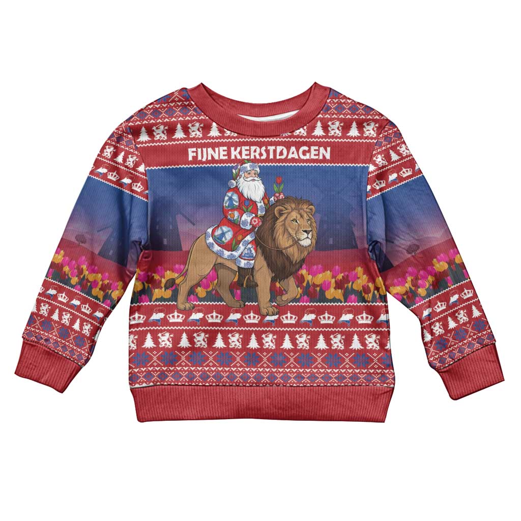 Netherlands Christmas Personalized Kid Ugly Christmas Sweater Santa Riding Lion Fijne Kerstdagen - Wonder Print Shop