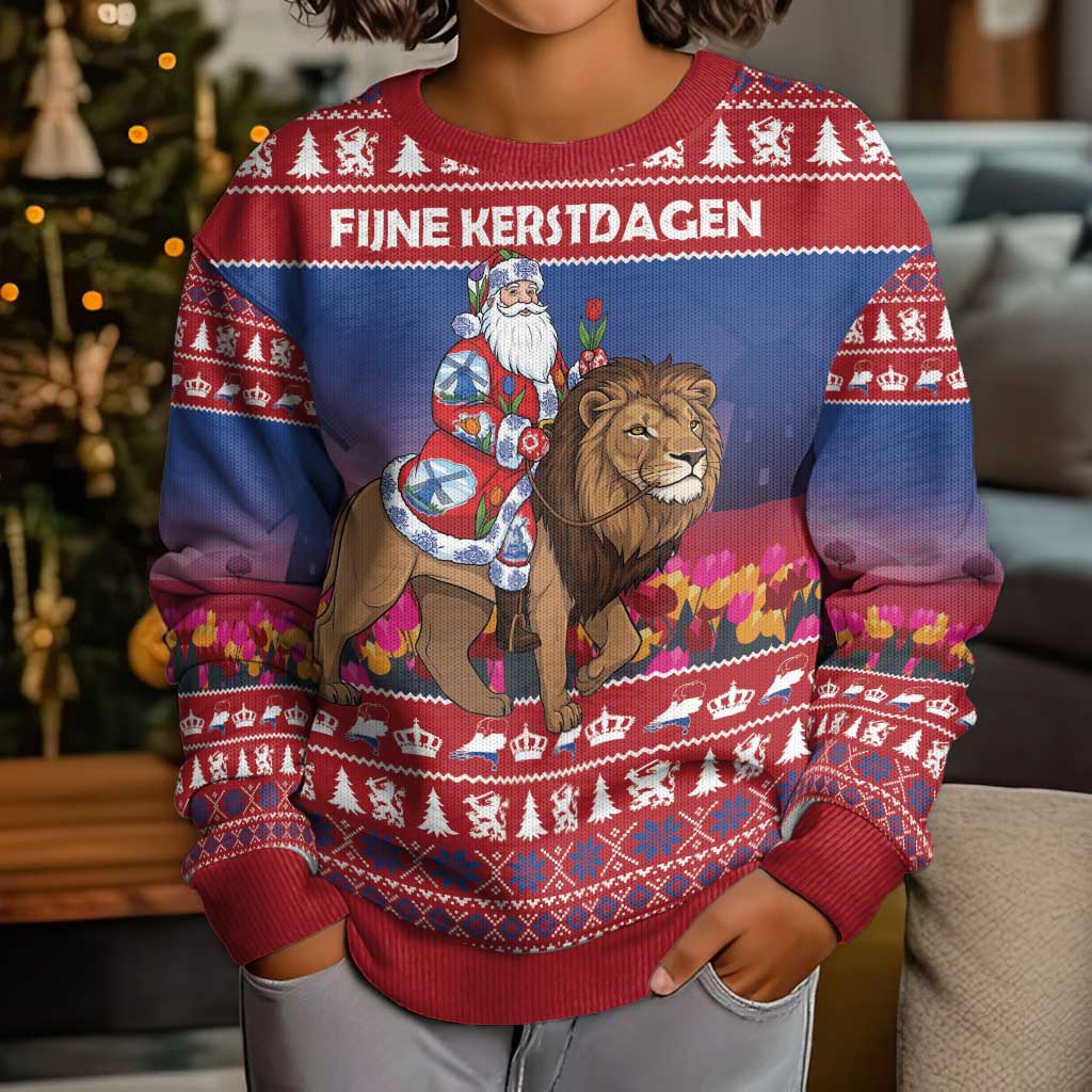 Netherlands Christmas Personalized Kid Ugly Christmas Sweater Santa Riding Lion Fijne Kerstdagen - Wonder Print Shop