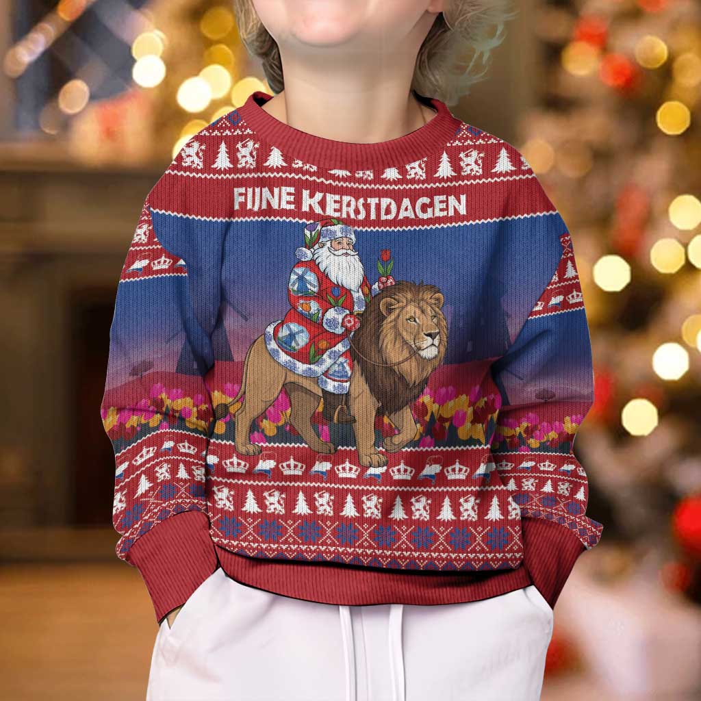 Netherlands Christmas Personalized Kid Ugly Christmas Sweater Santa Riding Lion Fijne Kerstdagen - Wonder Print Shop