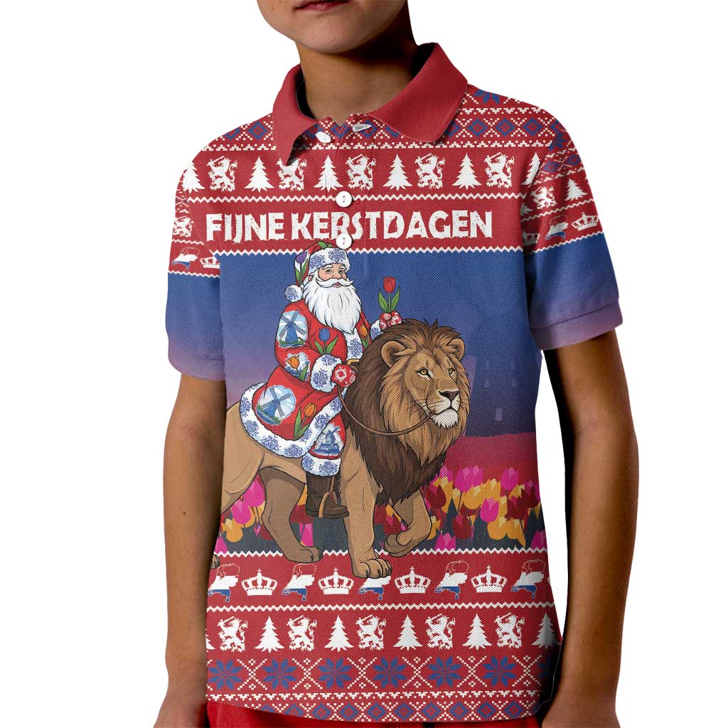 Netherlands Christmas Personalized Kid Polo Shirt Santa Riding Lion Fijne Kerstdagen - Wonder Print Shop