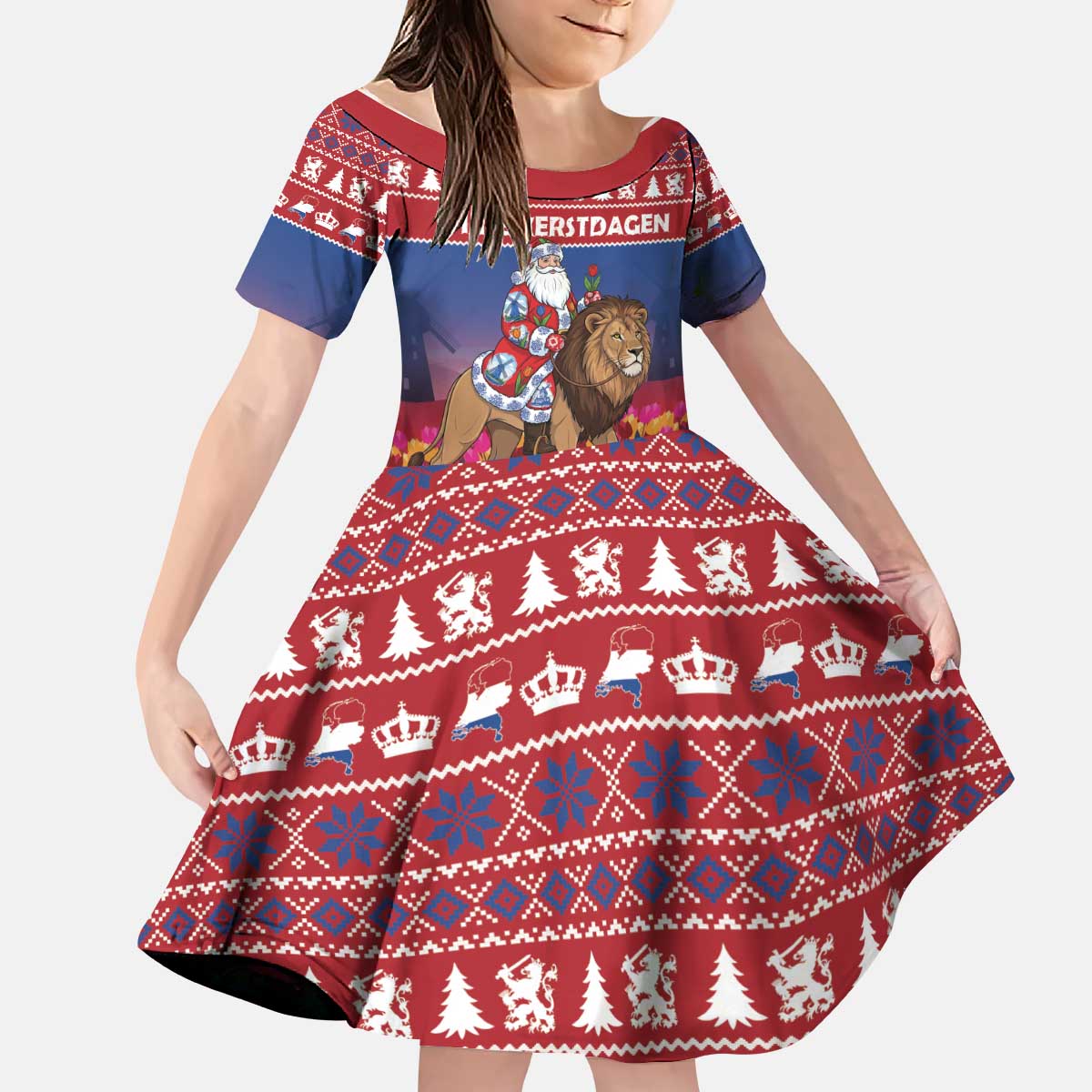 Netherlands Christmas Personalized Kid Short Sleeve Dress Santa Riding Lion Fijne Kerstdagen - Wonder Print Shop