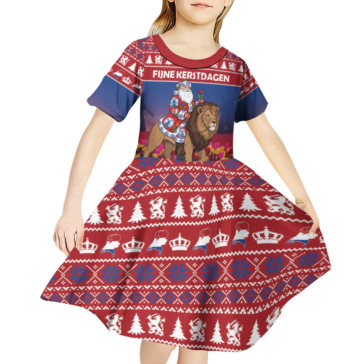 Netherlands Christmas Personalized Kid Short Sleeve Dress Santa Riding Lion Fijne Kerstdagen - Wonder Print Shop