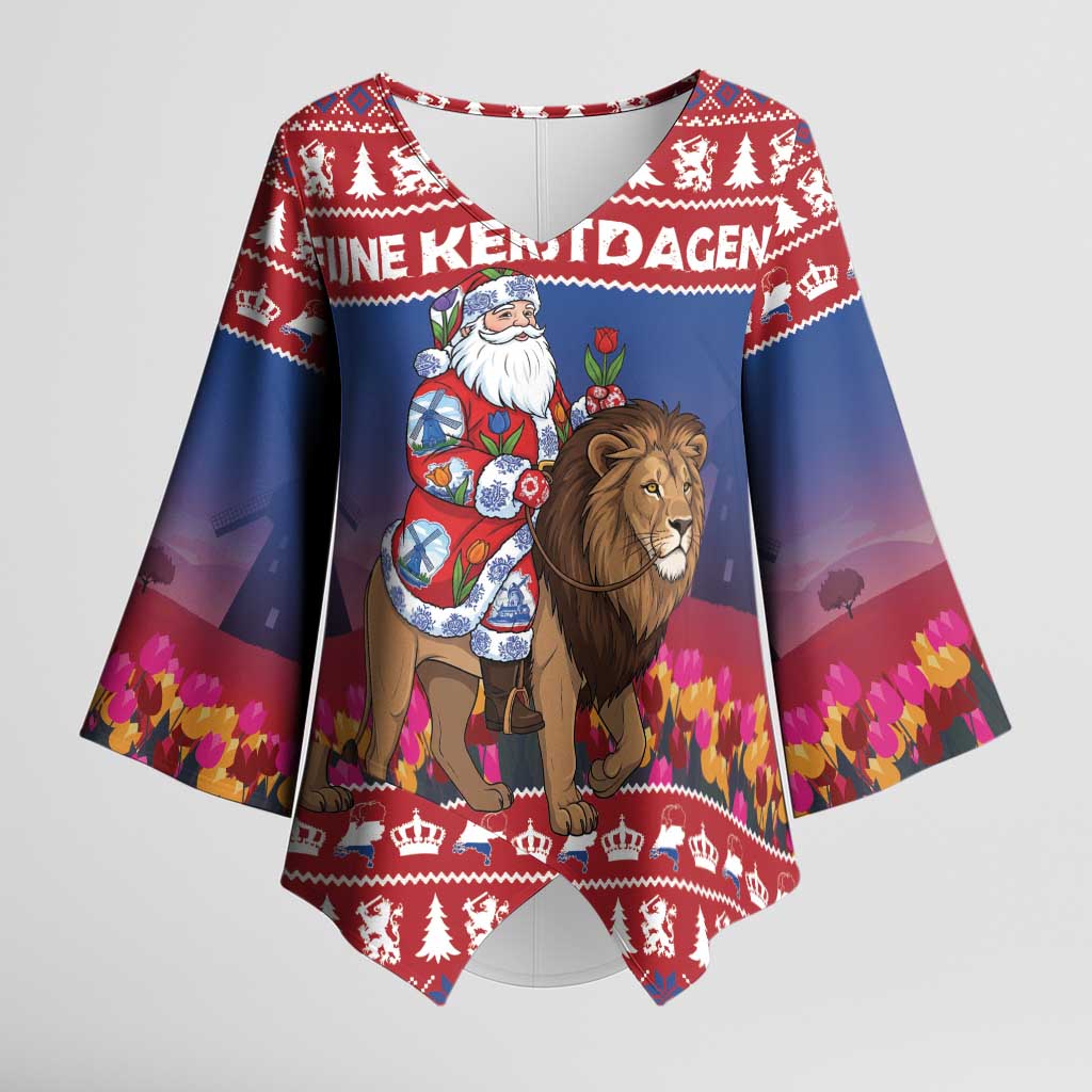 Netherlands Christmas Personalized Kimono Sleeve Blouse Santa Riding Lion Fijne Kerstdagen - Wonder Print Shop
