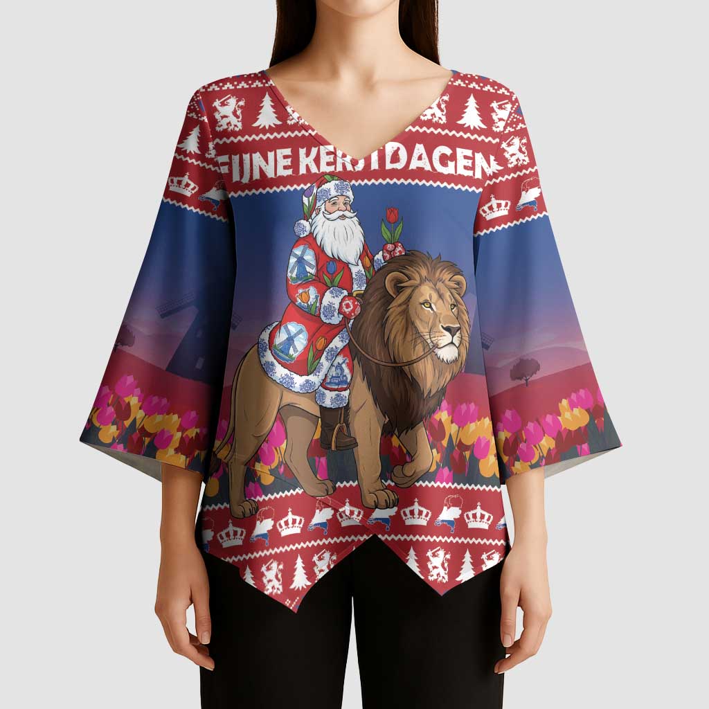 Netherlands Christmas Personalized Kimono Sleeve Blouse Santa Riding Lion Fijne Kerstdagen - Wonder Print Shop