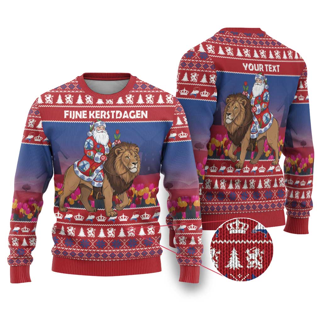 Netherlands Christmas Personalized Ugly Christmas Sweater Santa Riding Lion Fijne Kerstdagen - Wonder Print Shop