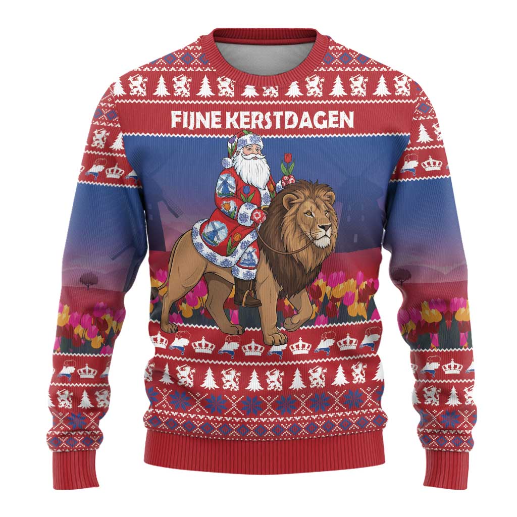 Netherlands Christmas Personalized Ugly Christmas Sweater Santa Riding Lion Fijne Kerstdagen - Wonder Print Shop