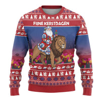 Netherlands Christmas Personalized Ugly Christmas Sweater Santa Riding Lion Fijne Kerstdagen - Wonder Print Shop