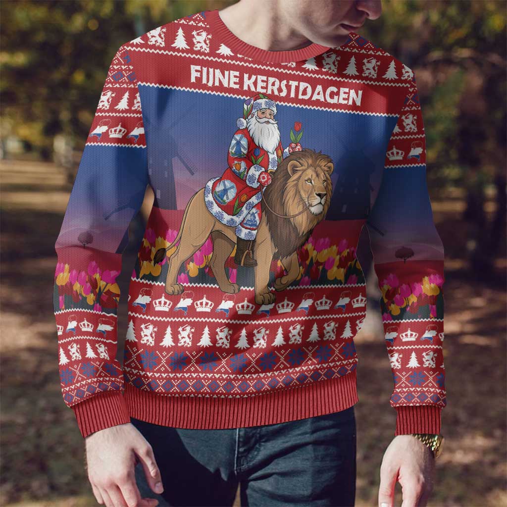 Netherlands Christmas Personalized Ugly Christmas Sweater Santa Riding Lion Fijne Kerstdagen - Wonder Print Shop