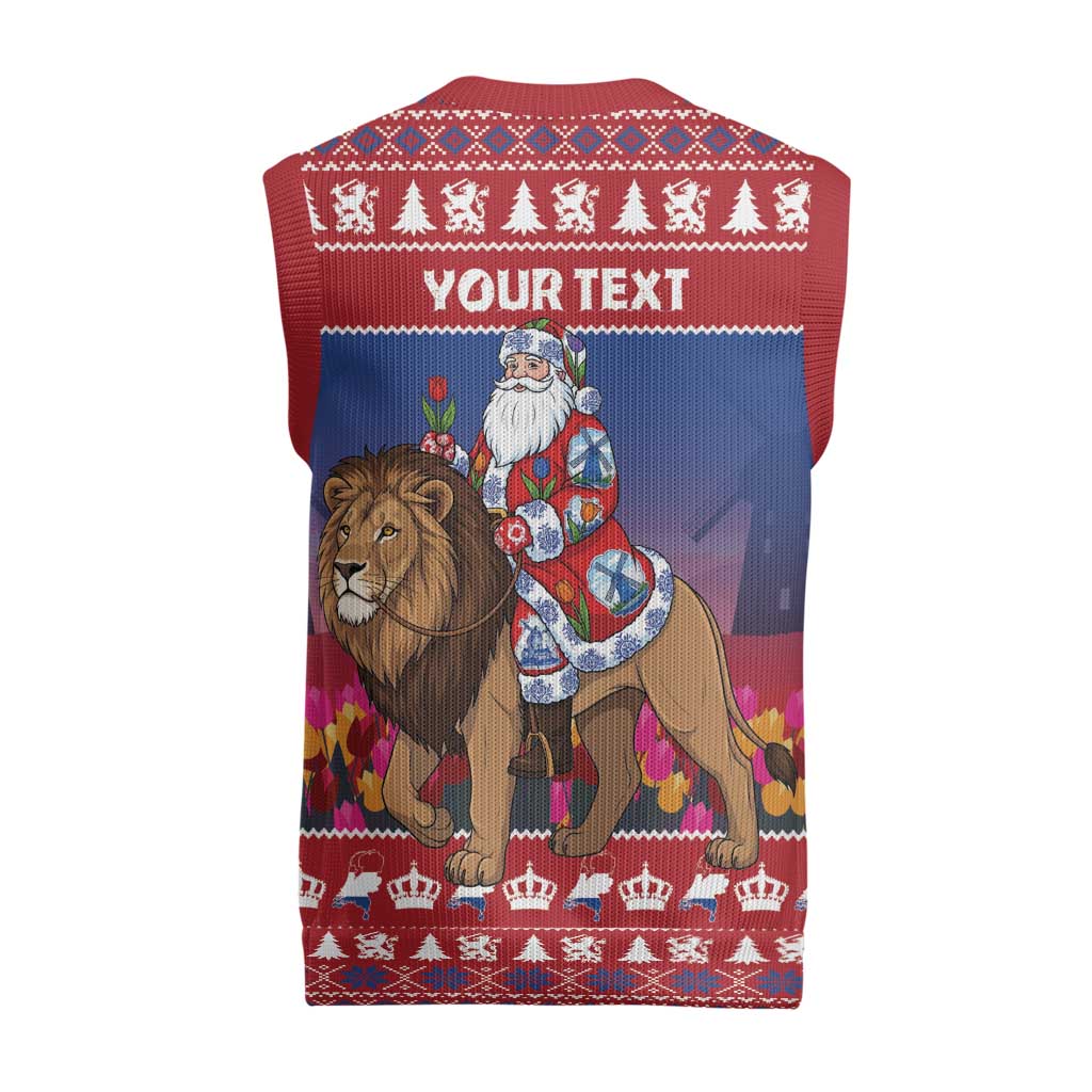 Netherlands Christmas Personalized Christmas Knitted V-Neck Vest Santa Riding Lion Fijne Kerstdagen - Wonder Print Shop