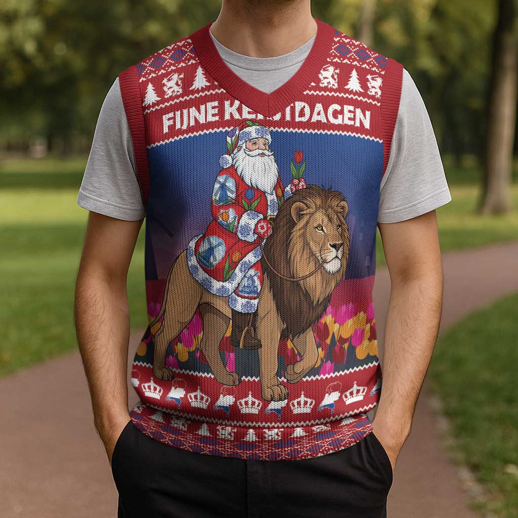 Netherlands Christmas Personalized Christmas Knitted V-Neck Vest Santa Riding Lion Fijne Kerstdagen - Wonder Print Shop