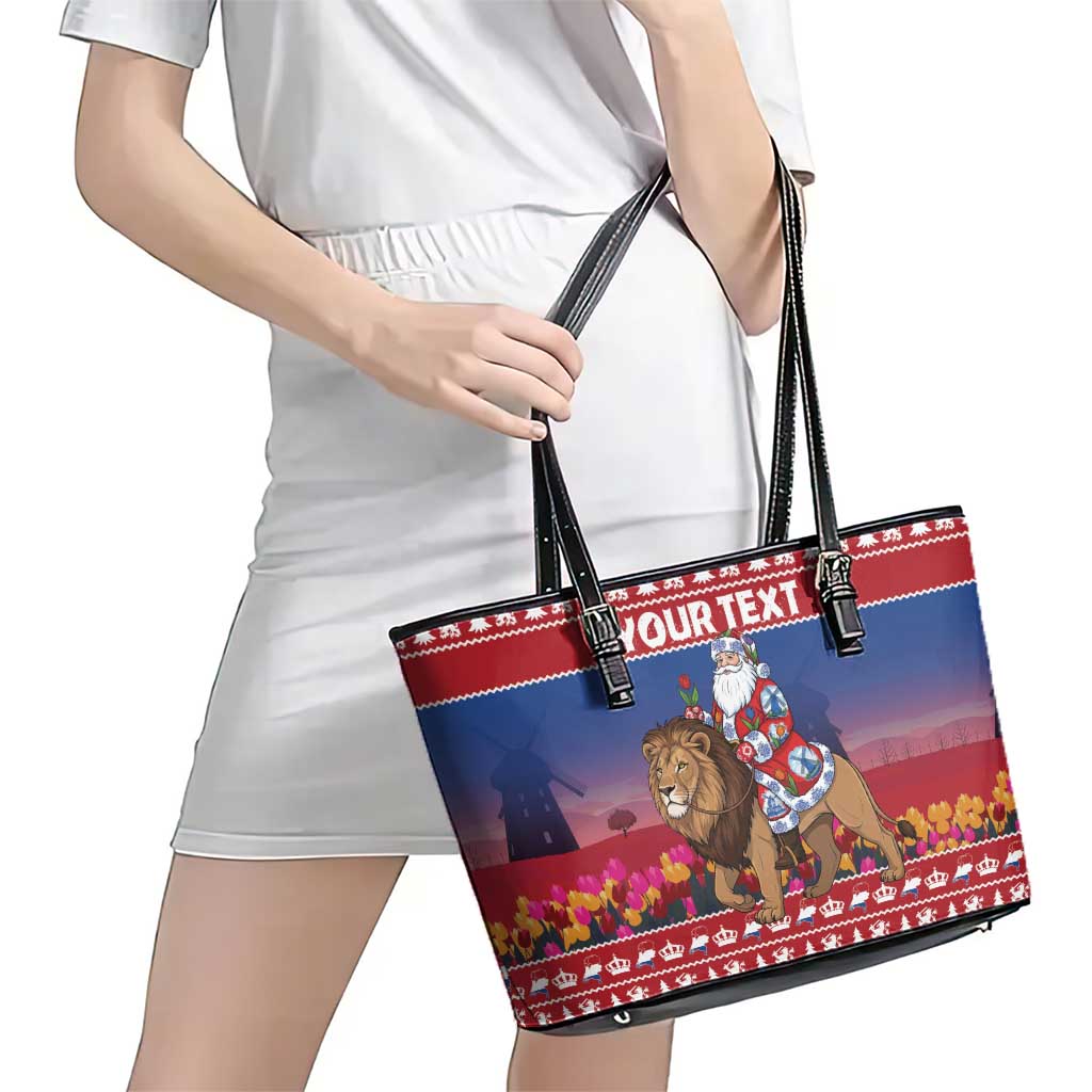 Netherlands Christmas Personalized Leather Tote Bag Santa Riding Lion Fijne Kerstdagen - Wonder Print Shop