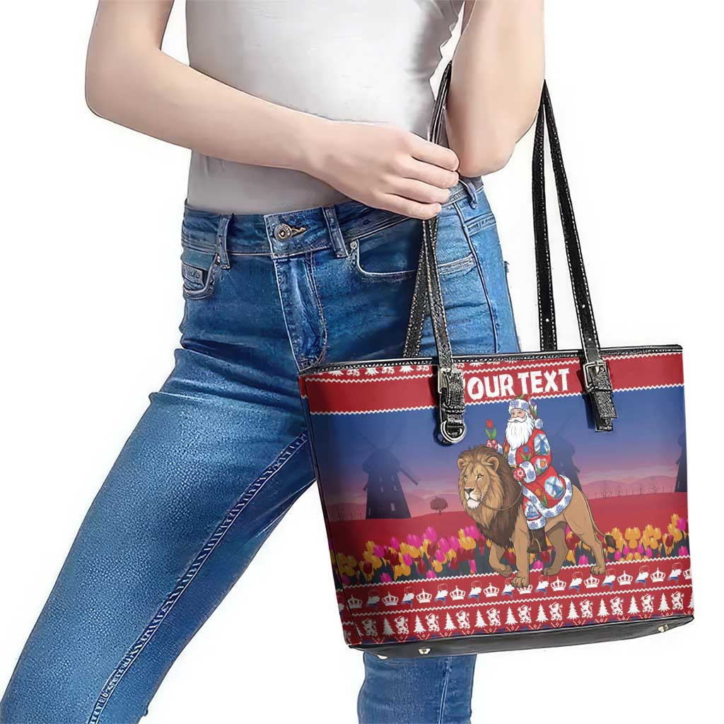 Netherlands Christmas Personalized Leather Tote Bag Santa Riding Lion Fijne Kerstdagen - Wonder Print Shop