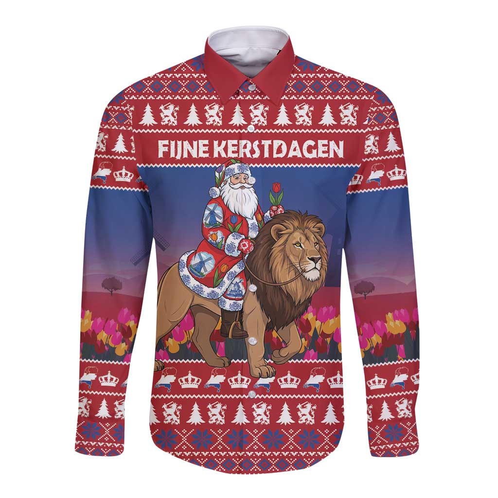 Netherlands Christmas Personalized Long Sleeve Button Shirt Santa Riding Lion Fijne Kerstdagen - Wonder Print Shop