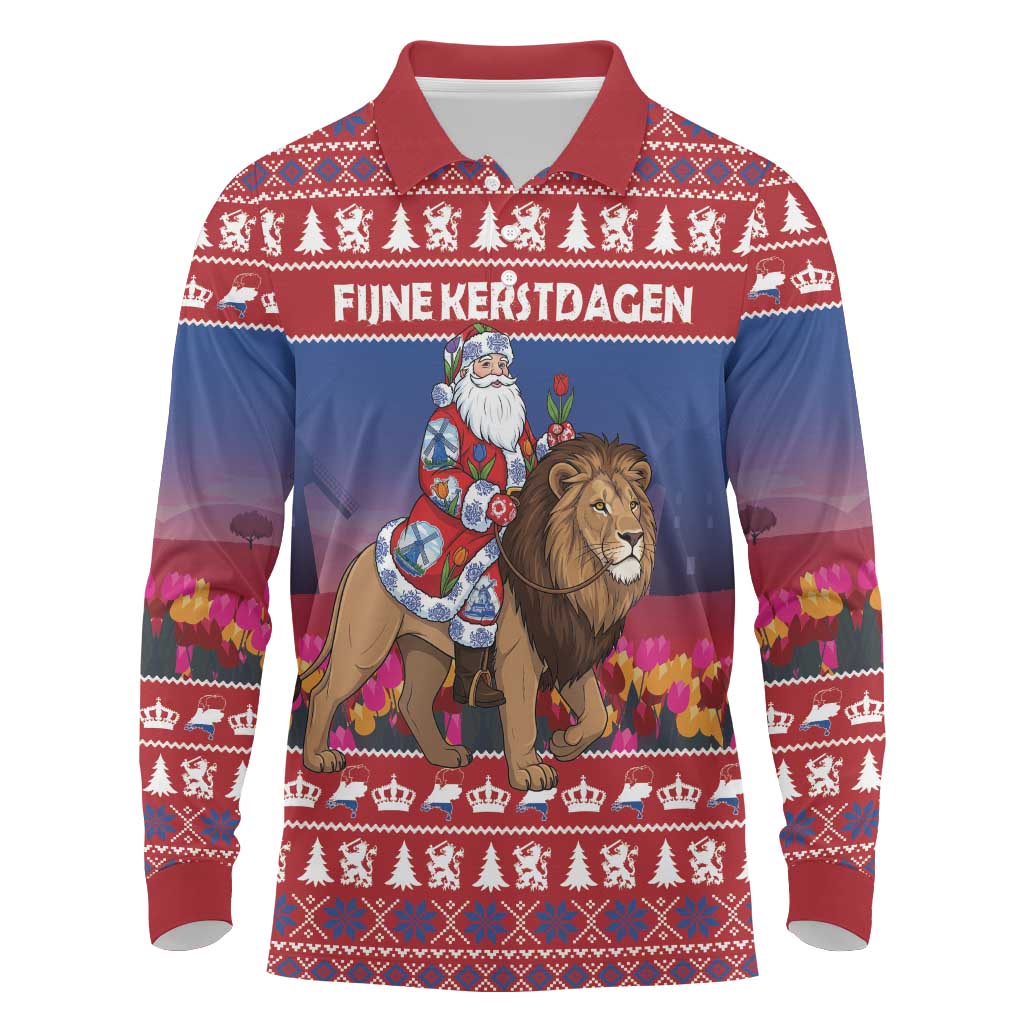 Netherlands Christmas Personalized Long Sleeve Polo Shirt Santa Riding Lion Fijne Kerstdagen - Wonder Print Shop