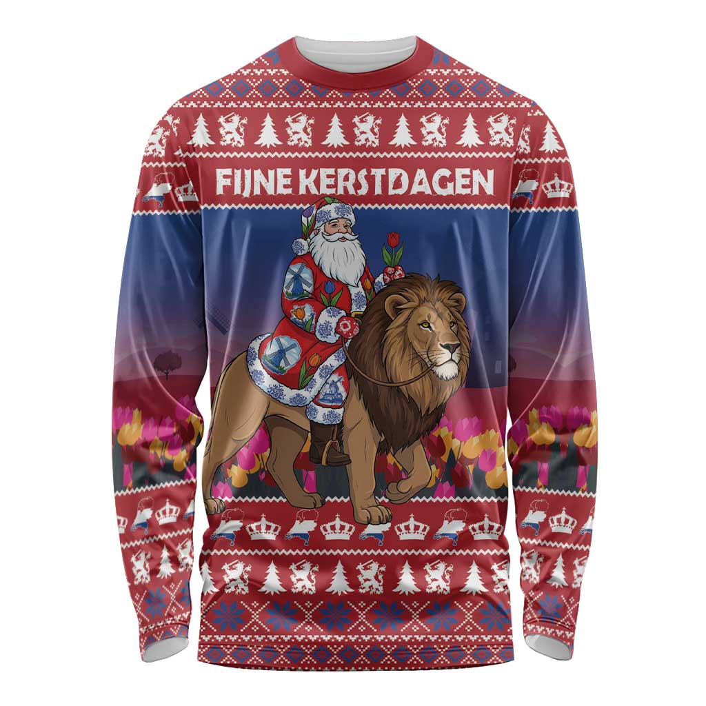 Netherlands Christmas Personalized Long Sleeve Shirt Santa Riding Lion Fijne Kerstdagen - Wonder Print Shop
