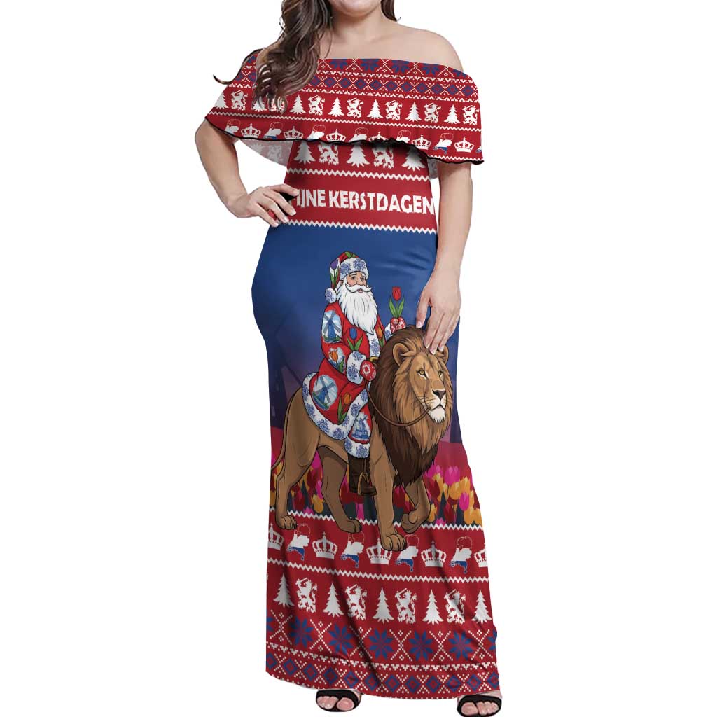 Netherlands Christmas Personalized Off Shoulder Maxi Dress Santa Riding Lion Fijne Kerstdagen - Wonder Print Shop