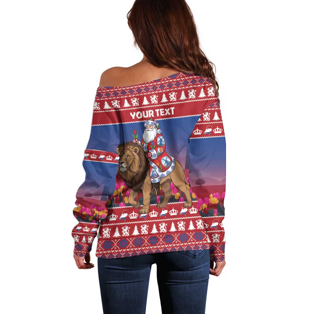Netherlands Christmas Personalized Off Shoulder Sweater Santa Riding Lion Fijne Kerstdagen - Wonder Print Shop
