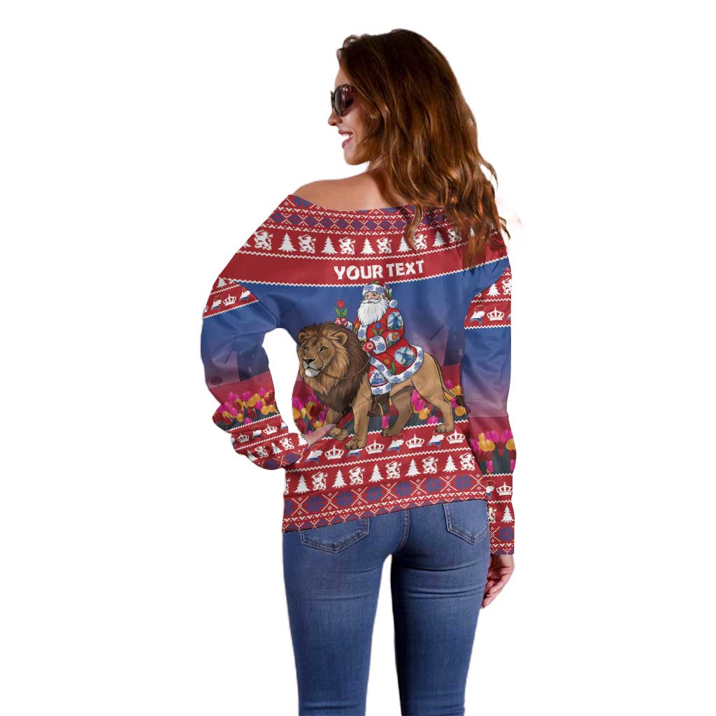 Netherlands Christmas Personalized Off Shoulder Sweater Santa Riding Lion Fijne Kerstdagen - Wonder Print Shop