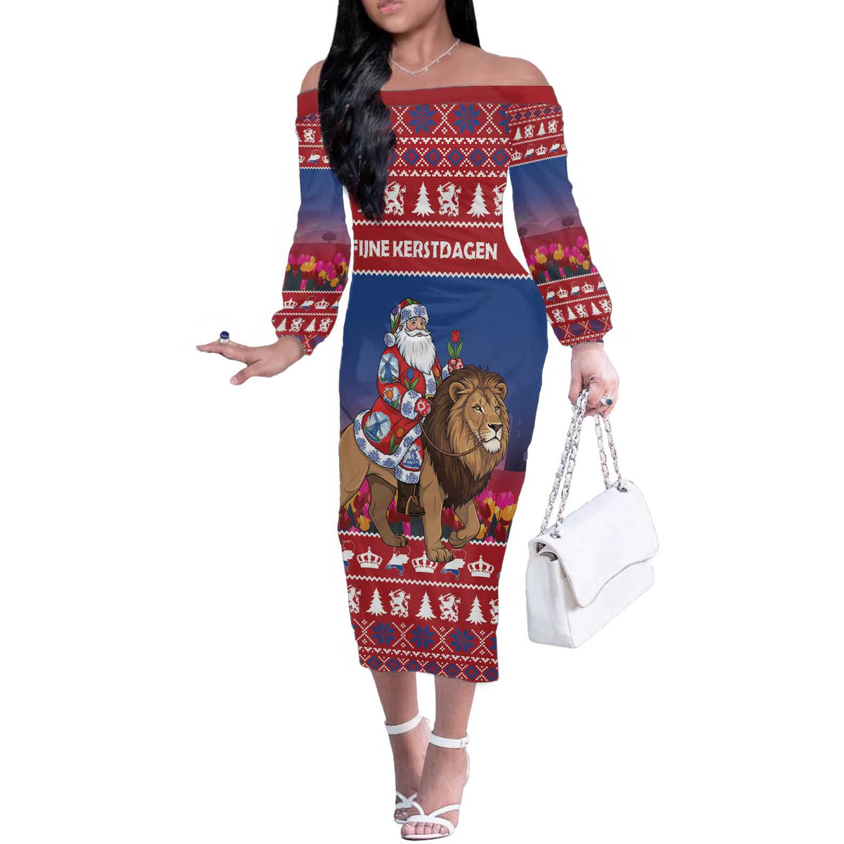 Netherlands Christmas Personalized Off The Shoulder Long Sleeve Dress Santa Riding Lion Fijne Kerstdagen - Wonder Print Shop