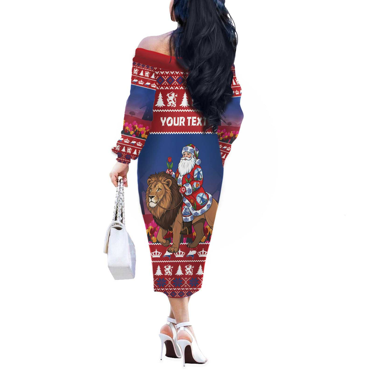 Netherlands Christmas Personalized Off The Shoulder Long Sleeve Dress Santa Riding Lion Fijne Kerstdagen - Wonder Print Shop