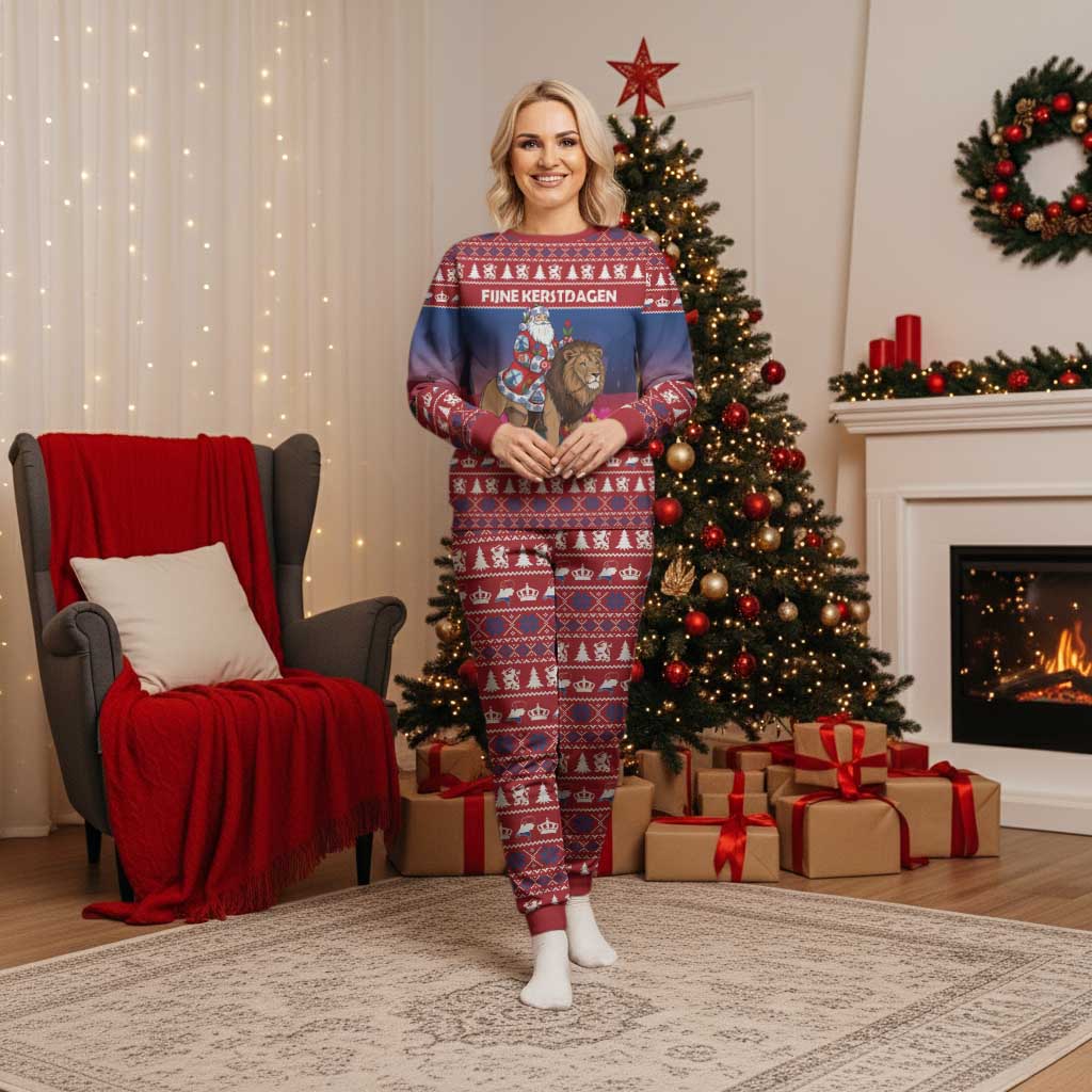 Netherlands Christmas Personalized Christmas Pajama Set Santa Riding Lion Fijne Kerstdagen - Wonder Print Shop