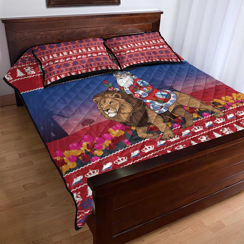 Netherlands Christmas Personalized Quilt Bed Set Santa Riding Lion Fijne Kerstdagen - Wonder Print Shop