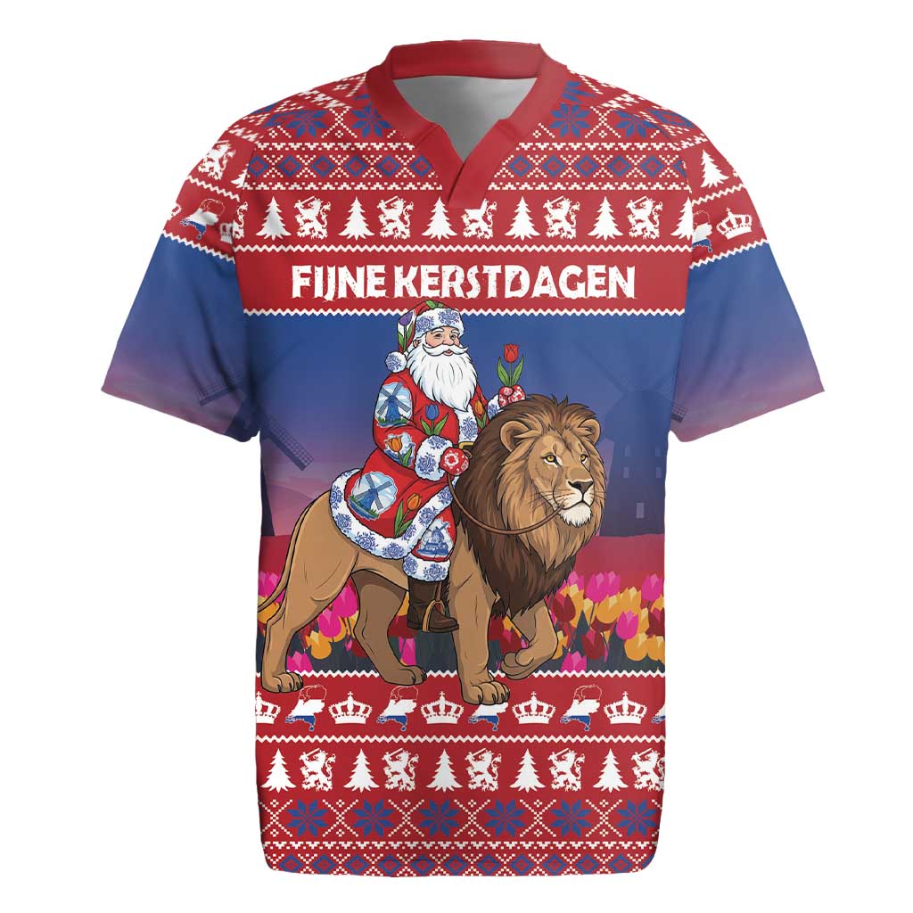Netherlands Christmas Personalized Rugby Jersey Santa Riding Lion Fijne Kerstdagen - Wonder Print Shop
