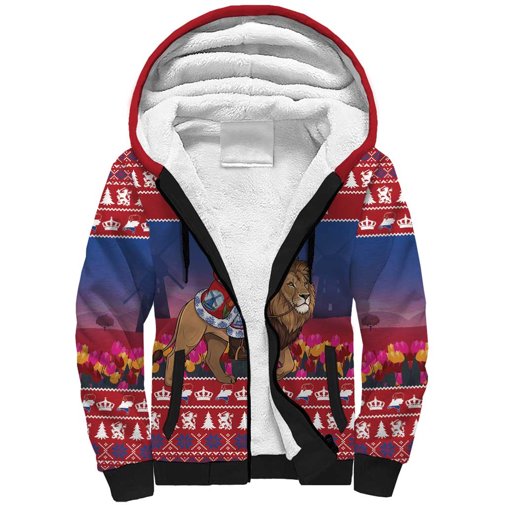Netherlands Christmas Personalized Sherpa Hoodie Santa Riding Lion Fijne Kerstdagen - Wonder Print Shop