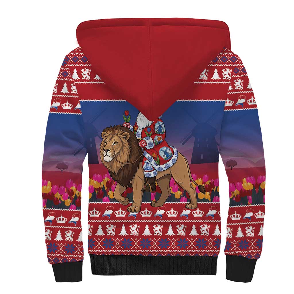 Netherlands Christmas Personalized Sherpa Hoodie Santa Riding Lion Fijne Kerstdagen - Wonder Print Shop