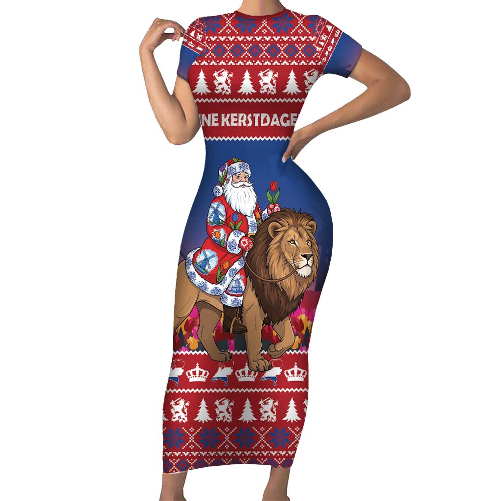 Netherlands Christmas Personalized Short Sleeve Bodycon Dress Santa Riding Lion Fijne Kerstdagen - Wonder Print Shop