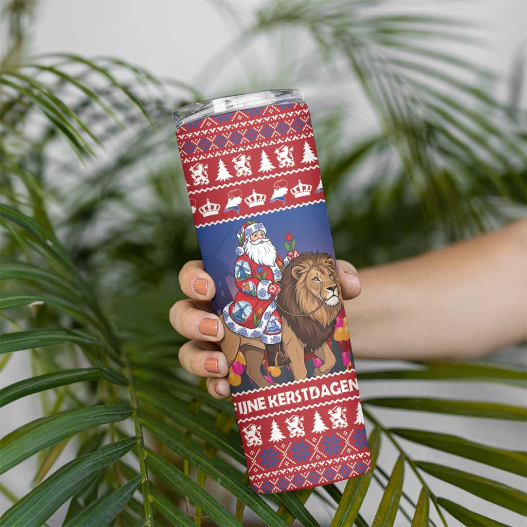 Netherlands Christmas Personalized Skinny Tumbler Santa Riding Lion Fijne Kerstdagen - Wonder Print Shop