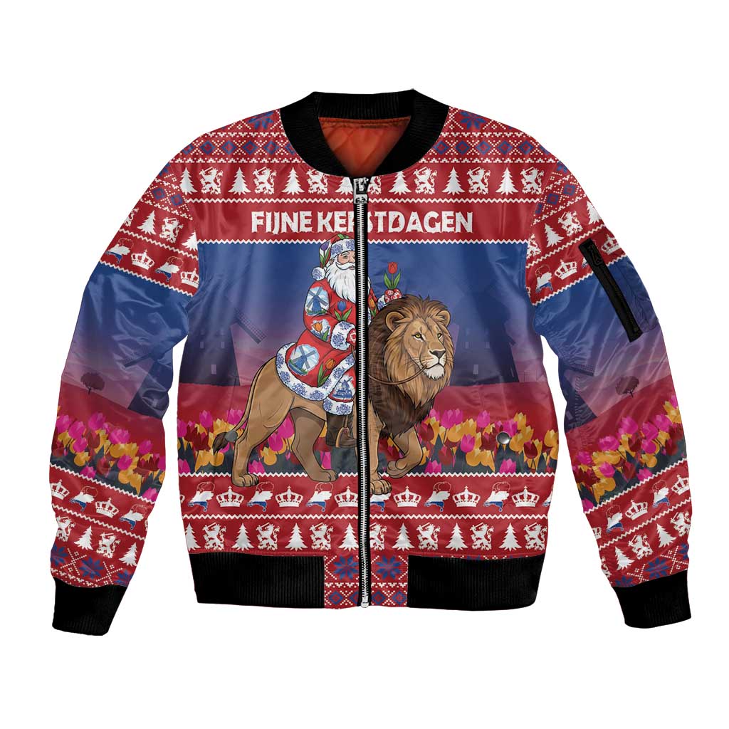 Netherlands Christmas Personalized Sleeve Zip Bomber Jacket Santa Riding Lion Fijne Kerstdagen - Wonder Print Shop