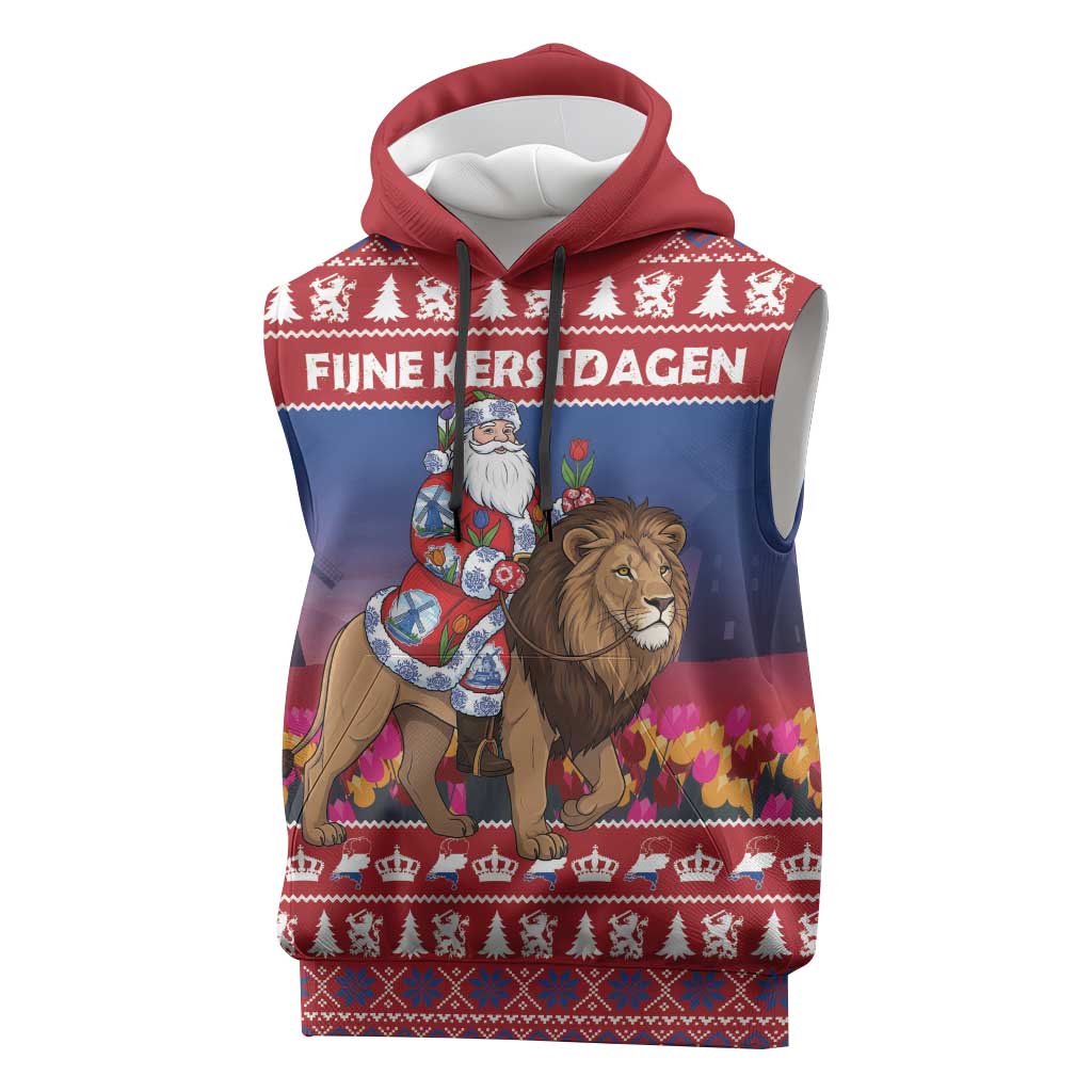Netherlands Christmas Personalized Sleeveless Hoodie Santa Riding Lion Fijne Kerstdagen - Wonder Print Shop