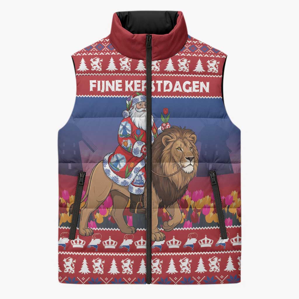 Netherlands Christmas Personalized Sleeveless Puffer Jacket Santa Riding Lion Fijne Kerstdagen - Wonder Print Shop