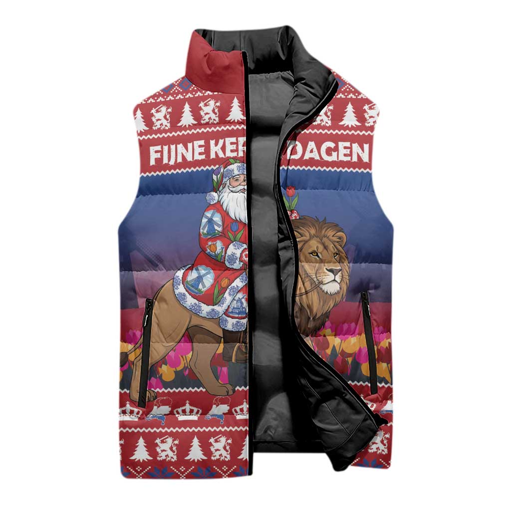 Netherlands Christmas Personalized Sleeveless Puffer Jacket Santa Riding Lion Fijne Kerstdagen - Wonder Print Shop