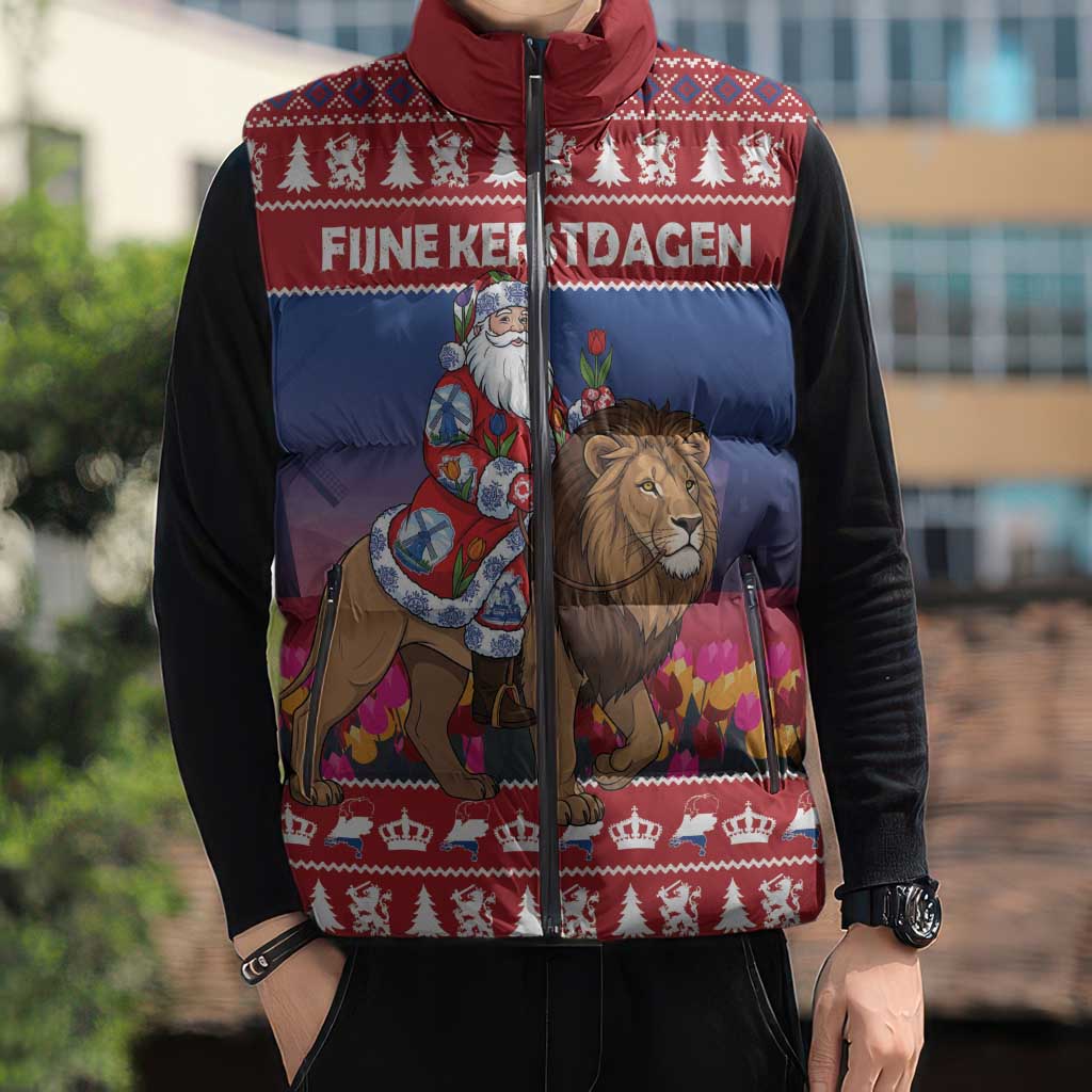 Netherlands Christmas Personalized Sleeveless Puffer Jacket Santa Riding Lion Fijne Kerstdagen - Wonder Print Shop