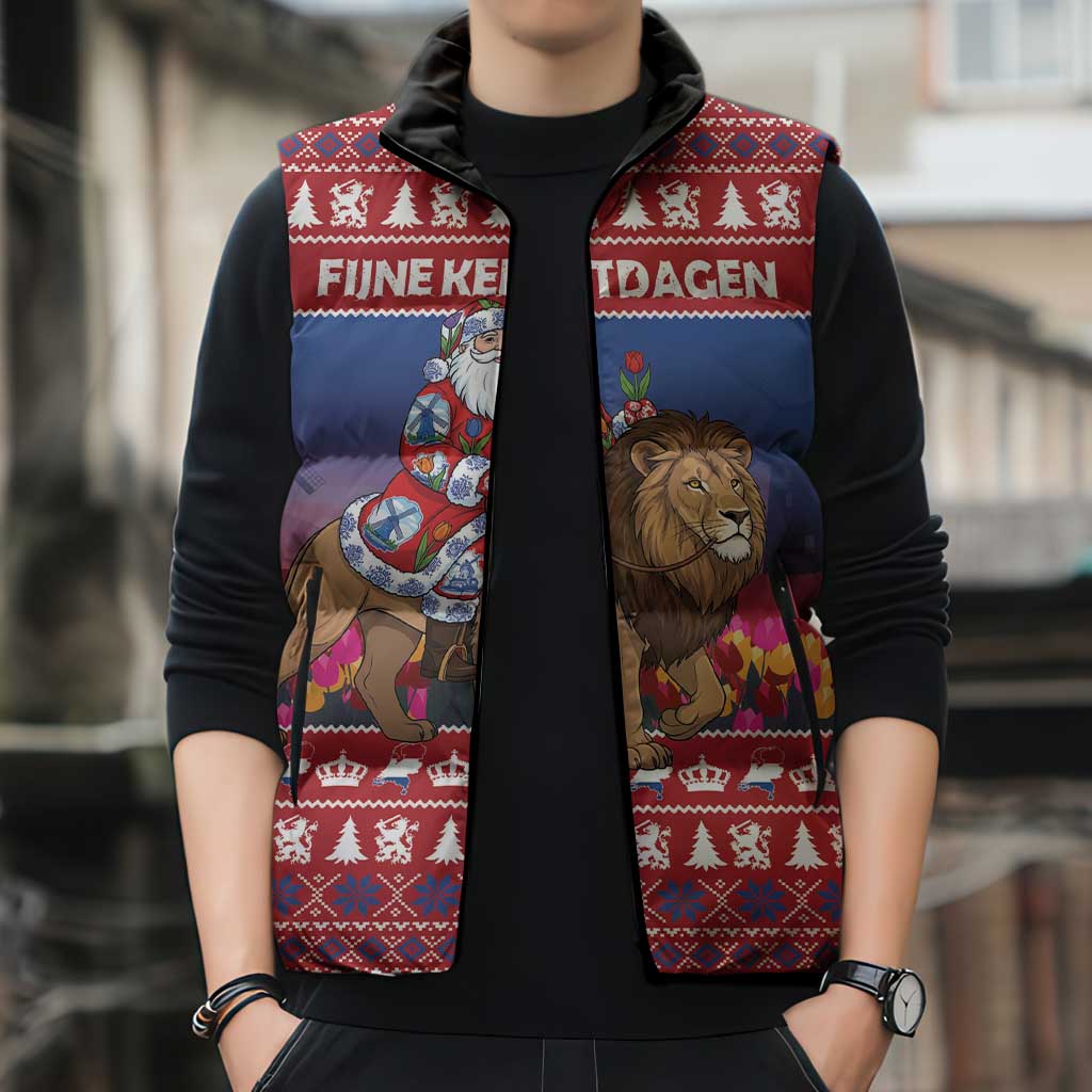 Netherlands Christmas Personalized Sleeveless Puffer Jacket Santa Riding Lion Fijne Kerstdagen - Wonder Print Shop