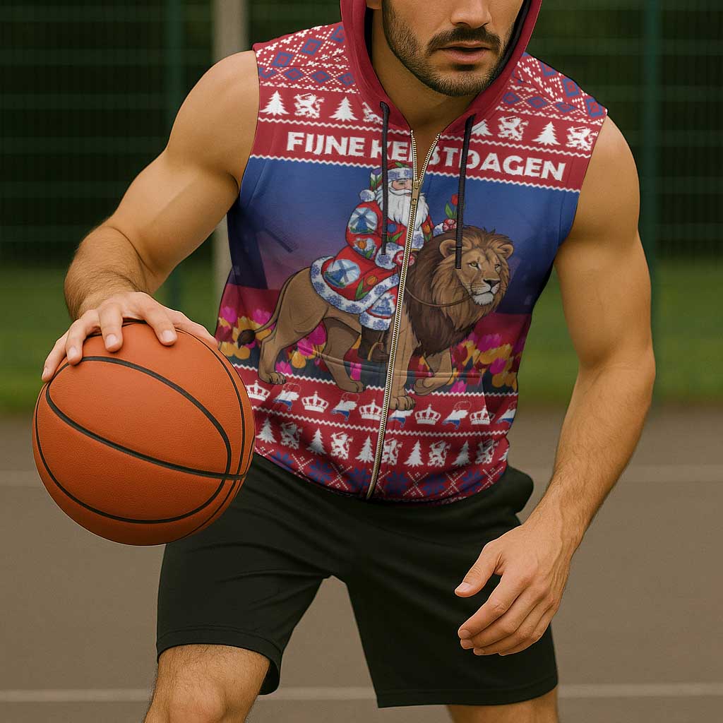 Netherlands Christmas Personalized Sleeveless Zip Hoodie Santa Riding Lion Fijne Kerstdagen - Wonder Print Shop