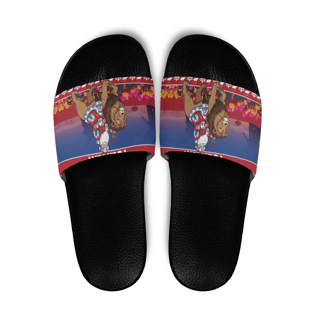 Netherlands Christmas Personalized Slide Sandals Santa Riding Lion Fijne Kerstdagen - Wonder Print Shop