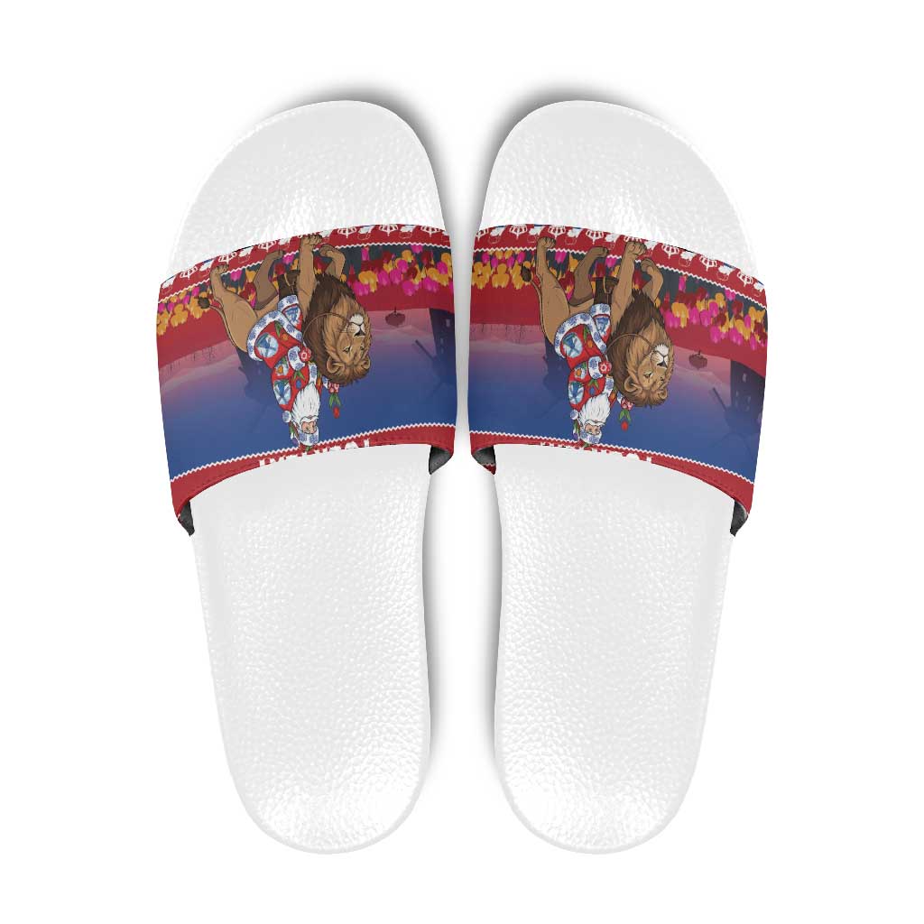 Netherlands Christmas Personalized Slide Sandals Santa Riding Lion Fijne Kerstdagen - Wonder Print Shop