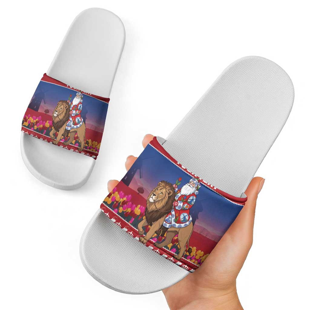 Netherlands Christmas Personalized Slide Sandals Santa Riding Lion Fijne Kerstdagen - Wonder Print Shop