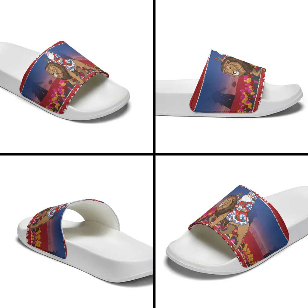 Netherlands Christmas Personalized Slide Sandals Santa Riding Lion Fijne Kerstdagen - Wonder Print Shop