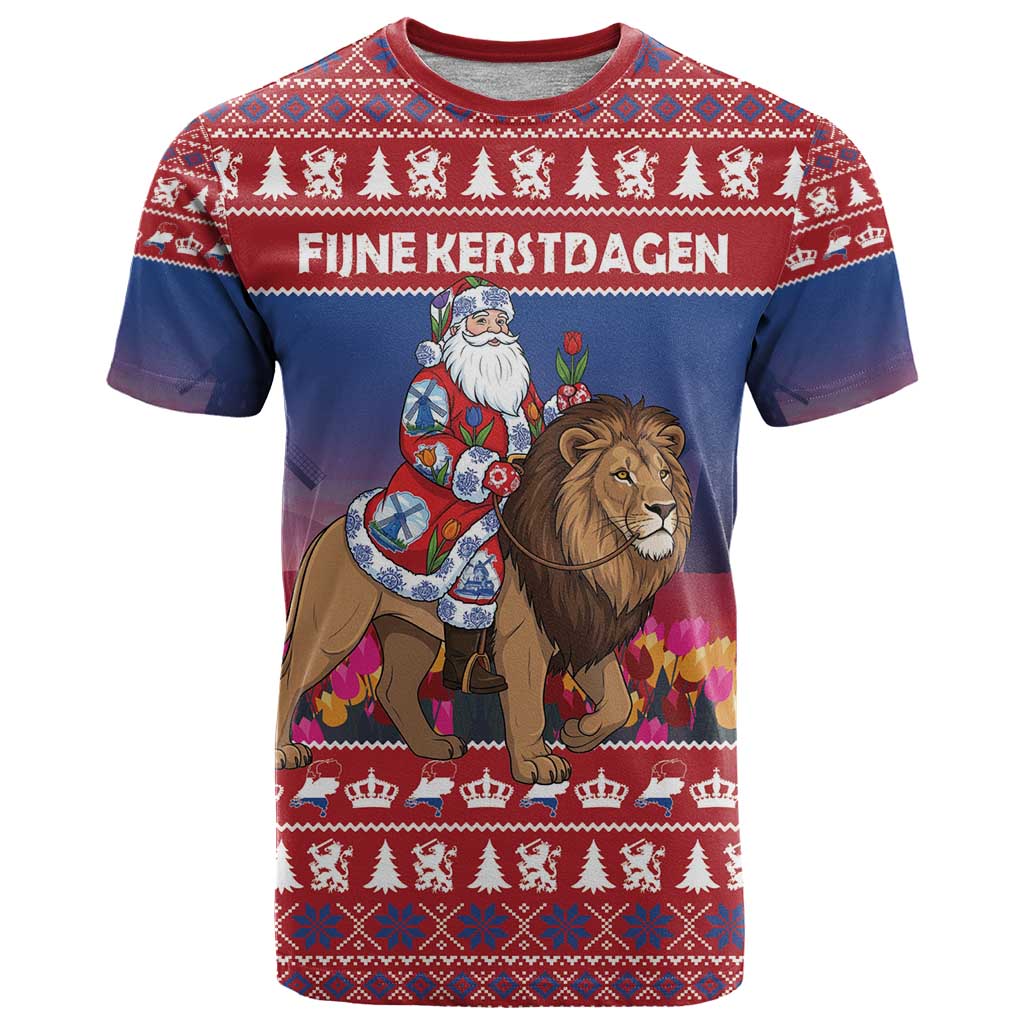 Netherlands Christmas Personalized T Shirt Santa Riding Lion Fijne Kerstdagen - Wonder Print Shop